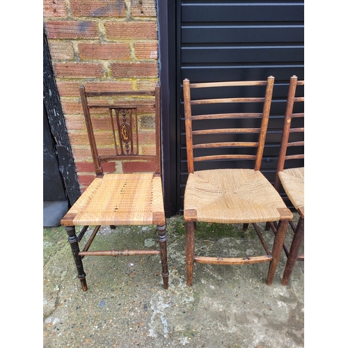 697 - Five antique rush chairs includes three Edwardian chairs with inlay workings + a pair of 19th centur... 