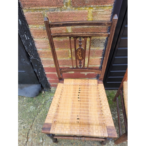 697 - Five antique rush chairs includes three Edwardian chairs with inlay workings + a pair of 19th centur... 