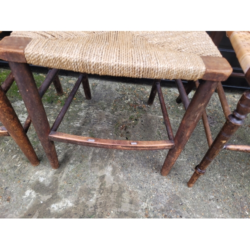 697 - Five antique rush chairs includes three Edwardian chairs with inlay workings + a pair of 19th centur... 