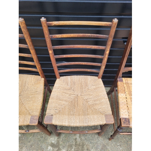 697 - Five antique rush chairs includes three Edwardian chairs with inlay workings + a pair of 19th centur... 