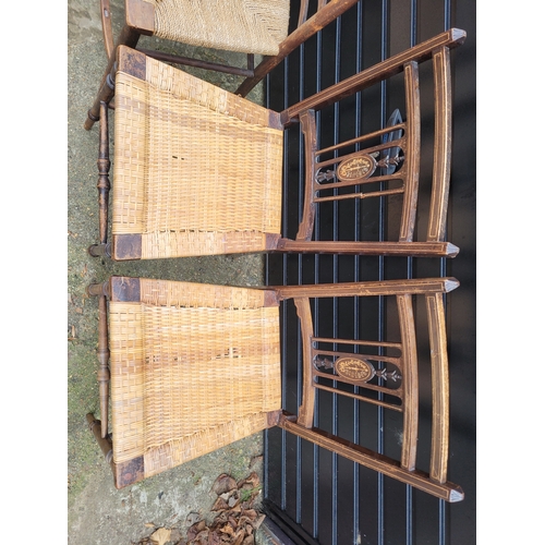 697 - Five antique rush chairs includes three Edwardian chairs with inlay workings + a pair of 19th centur... 