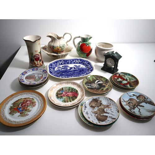 705 - A collection of ceramics items including wall hanging plates, Spode platter , Ainsley mantle clock