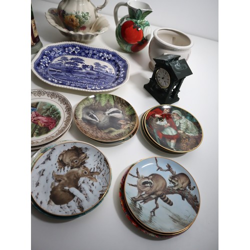 705 - A collection of ceramics items including wall hanging plates, Spode platter , Ainsley mantle clock