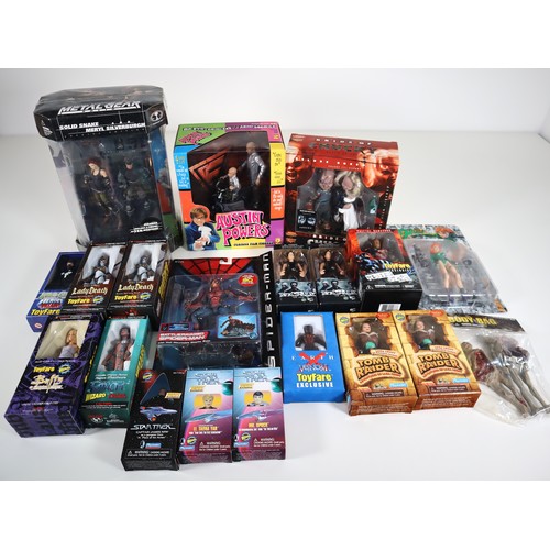 A collection various movie, comic & gaming action figures includes various ToyFare exclusive figures such Metal Gear Solid Tactical Espionage Action Figure, Austin Powers, Bride of Chucky, Lady Death, Buffy, Star Trek, Venom, Spiderman, Tomb Raider, Matrix, Fathom, Astro City, Gen 13 & Body Bag - Sealed