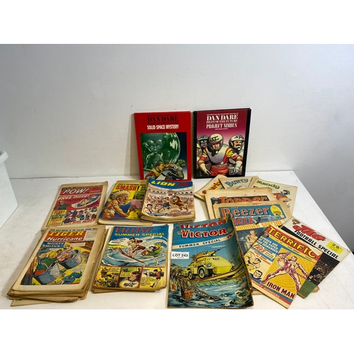 An assortment of vintage British comics from the 1960's including titles such as, Smash, Lion, Valiant, Tiger and Hurricane, The Victor, Sparky, Bunty, Beezer, Mandy, Topper, Eagle, it's terrific and Jag. Also includes two hardback books of Dan Dare - Pilot of the future