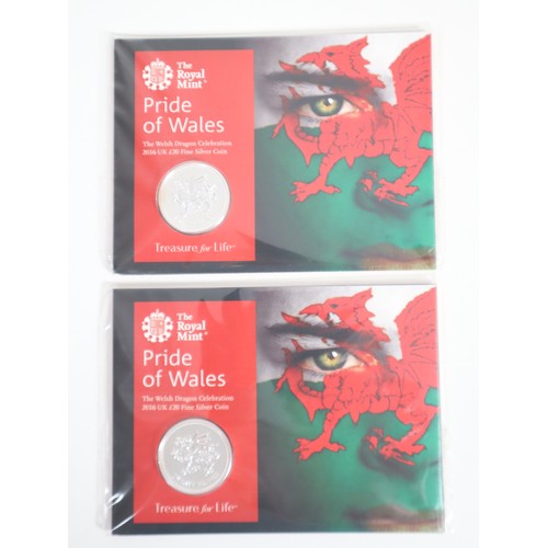 6 - Two Pride of Wales The Welsh Dragon Celebration 2016 UK £20 Fine Silver Brilliant Uncirculated Coins... 