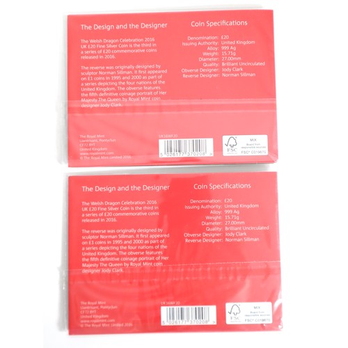 6 - Two Pride of Wales The Welsh Dragon Celebration 2016 UK £20 Fine Silver Brilliant Uncirculated Coins... 