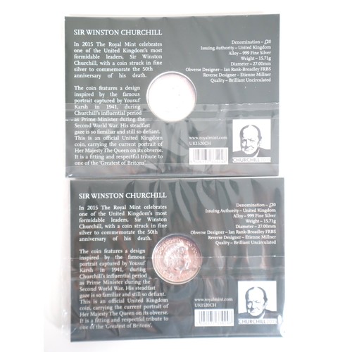 9 - Two Sir Winston Churchill 2015 UK £20 Fine Silver Brilliant Uncirculated Coins 999Ag 15.71g each