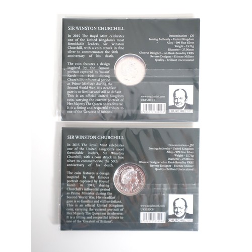 10 - Two Sir Winston Churchill 2015 UK £20 Fine Silver Brilliant Uncirculated Coins 999Ag 15.71g each