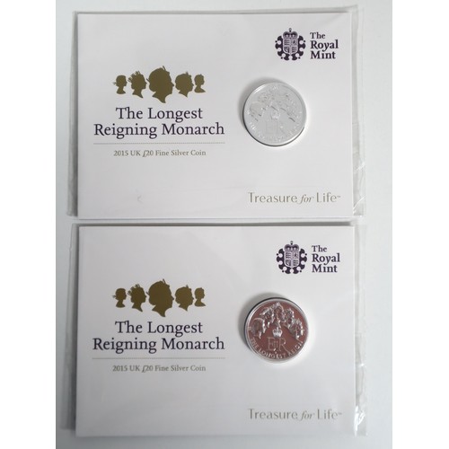 11 - Two The Longest Reigning Monarch 2015 UK £20 Fine Silver Brilliant Uncirculated Coins 999Ag 15.71g e... 