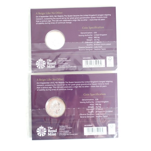 11 - Two The Longest Reigning Monarch 2015 UK £20 Fine Silver Brilliant Uncirculated Coins 999Ag 15.71g e... 