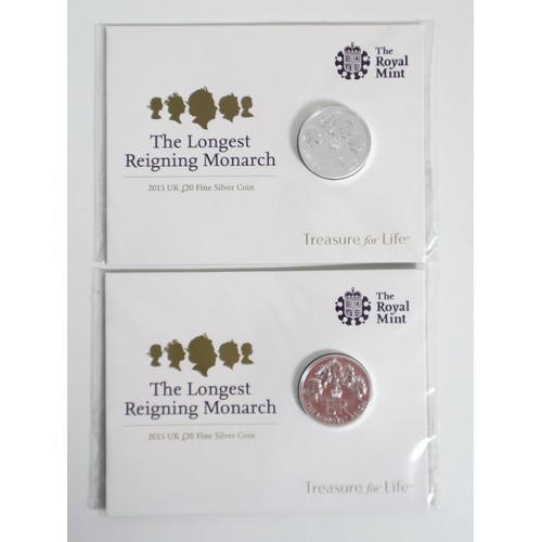 12 - Two The Longest Reigning Monarch 2015 UK £20 Fine Silver Brilliant Uncirculated Coins 999Ag 15.71g e... 
