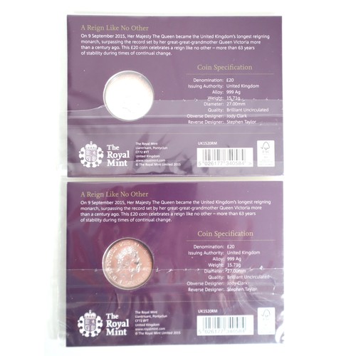 12 - Two The Longest Reigning Monarch 2015 UK £20 Fine Silver Brilliant Uncirculated Coins 999Ag 15.71g e... 