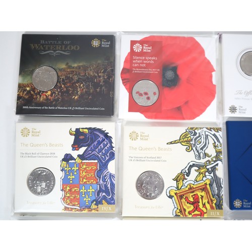 14 - Nine various brilliant uncirculated Cupro-Nickel Commemorative £5 UK Coins