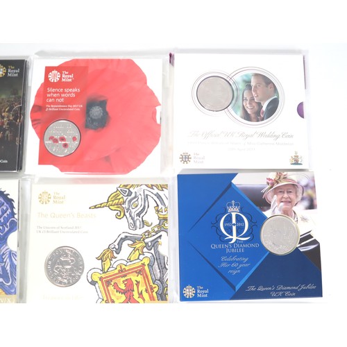 14 - Nine various brilliant uncirculated Cupro-Nickel Commemorative £5 UK Coins