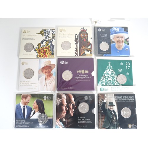 15 - Nine various brilliant uncirculated Cupro-Nickel Commemorative £5 UK Coins