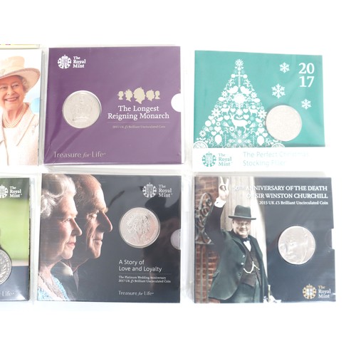 15 - Nine various brilliant uncirculated Cupro-Nickel Commemorative £5 UK Coins