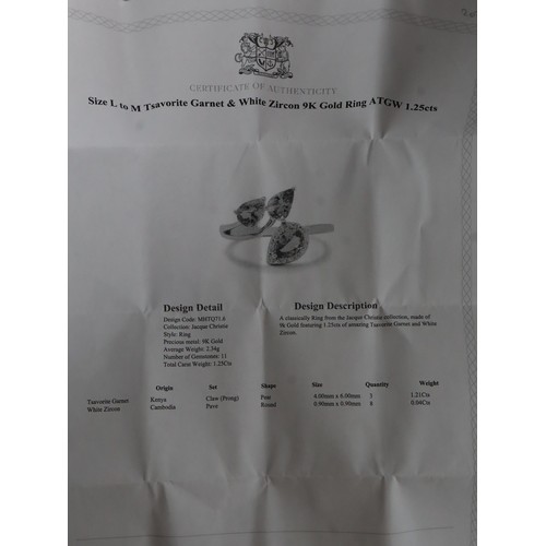 25 - Tsavorite Garnet & White Zircon 9K Gold Ring ATGW 1.25cts Size L to M, Zambian Emerald & White Zirco... 