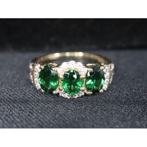 26 - Tsavorite Garnet & White Zircon 9K Gold Ring Atgw 1.60cts Size L to M, Zambian Emerald & White Zirco... 