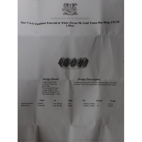 26 - Tsavorite Garnet & White Zircon 9K Gold Ring Atgw 1.60cts Size L to M, Zambian Emerald & White Zirco... 