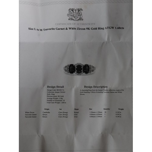 26 - Tsavorite Garnet & White Zircon 9K Gold Ring Atgw 1.60cts Size L to M, Zambian Emerald & White Zirco... 