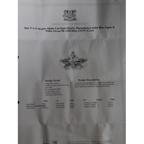 30 - Wobito Alpine Cut Optuc Quartz , Marambaia London Blue Topaz & White Zircon 9K Gold Ring Atgw 4.21ct... 
