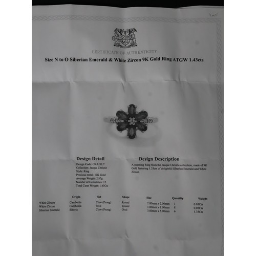 37 - Siberian Emerald & White Zircon 9K Gold Ring Atgw 1.43cts, Zambian Emerald & White Zircon 9K Gold Ri... 