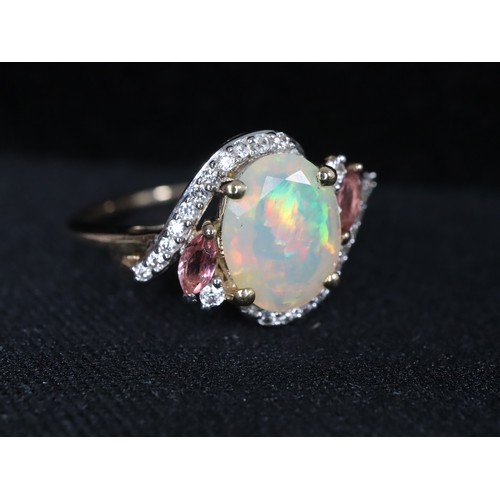45 - Ethiopian Opal, Oyo Pink Tourmaline & White Zircon 9K Gold Ring Atgw 1.41cts Size P to Q, Ethiopian ... 