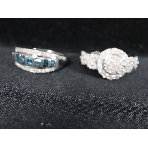 46 - 1ct Diamond Sterling Silver Ring Size N to O , 1/2ct Blue & White Diamond 9K White Gold Ring