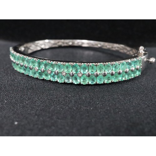 51 - Zambian Emerald & Diamond Sterling Silver Oval Bangle Atgw 7.61cts 13ct Minas Geraid Emerald Sterlin... 