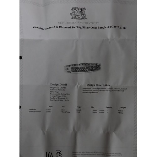 51 - Zambian Emerald & Diamond Sterling Silver Oval Bangle Atgw 7.61cts 13ct Minas Geraid Emerald Sterlin... 