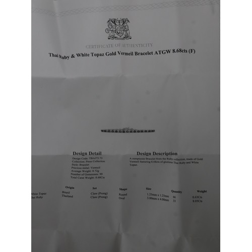 54 - Thai Ruby & White Topaz Gold Vermeil Bracelet Atgw 8.68cts (7