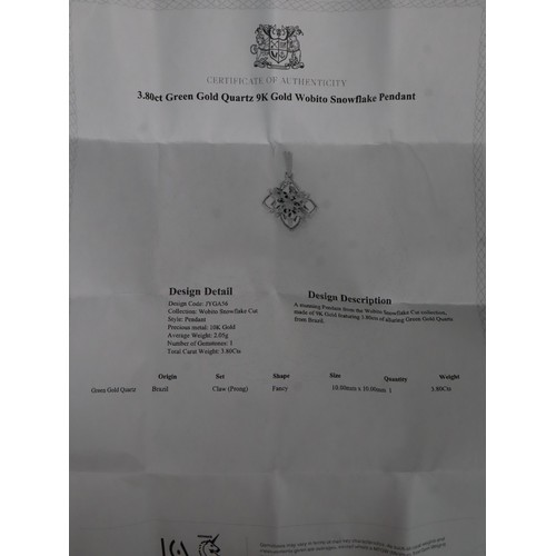 56 - 3.80ct Green Gold Quartz 9K Gold Wobito Snowflake Pendant, 11.24ct Diamantina Citrine 9K Gold Pendan... 