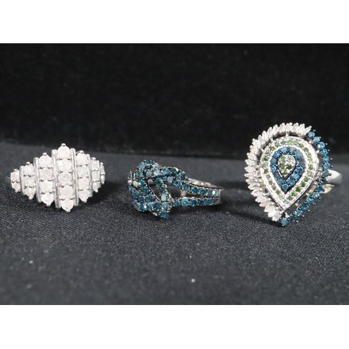 58 - 1ct Blue Diamond Sterling Ring, 3/4 ct Green, Blue & White Diamond Sterling Silver Ring & 1ct Diamon... 