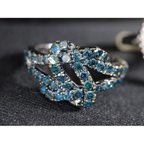 58 - 1ct Blue Diamond Sterling Ring, 3/4 ct Green, Blue & White Diamond Sterling Silver Ring & 1ct Diamon... 