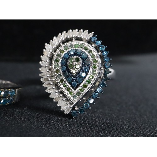 58 - 1ct Blue Diamond Sterling Ring, 3/4 ct Green, Blue & White Diamond Sterling Silver Ring & 1ct Diamon... 