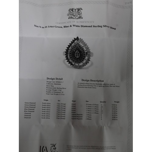58 - 1ct Blue Diamond Sterling Ring, 3/4 ct Green, Blue & White Diamond Sterling Silver Ring & 1ct Diamon... 