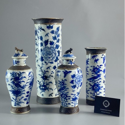 143 - 19th-century Chinese porcelain vase collection. Crackle glaze ground with blue & white Flora & birds... 