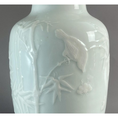 144 - Chinese Celadon porcelain vase White slip painted Bamboo design. Painted birds & Butterflies.
Blue s... 