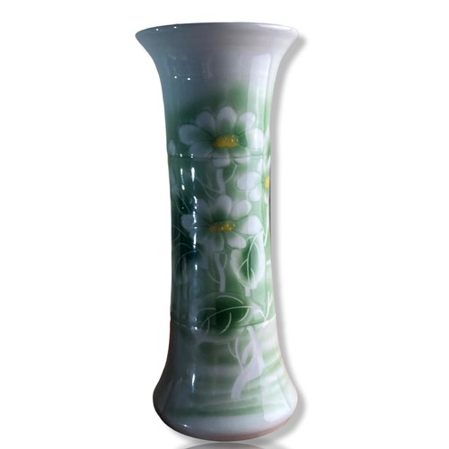 145 - Hand painted Chinese Jiaxing porcelain Celadon vase. Flared sleeve shape with incised & painted flow... 