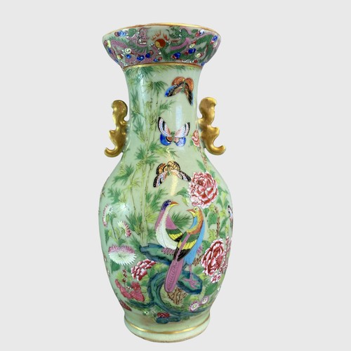 150 - 19th century Chinese porcelain Celadon vase. hand painted over-glaze enamels in famille rose palette... 