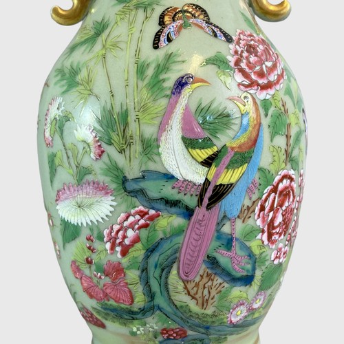 150 - 19th century Chinese porcelain Celadon vase. hand painted over-glaze enamels in famille rose palette... 