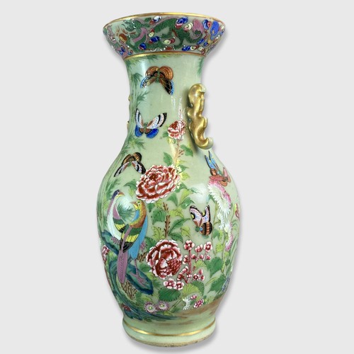 150 - 19th century Chinese porcelain Celadon vase. hand painted over-glaze enamels in famille rose palette... 