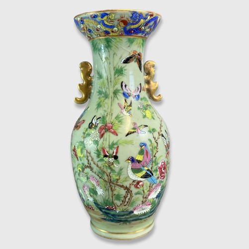 150 - 19th century Chinese porcelain Celadon vase. hand painted over-glaze enamels in famille rose palette... 