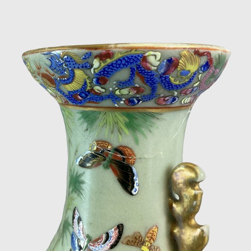 150 - 19th century Chinese porcelain Celadon vase. hand painted over-glaze enamels in famille rose palette... 