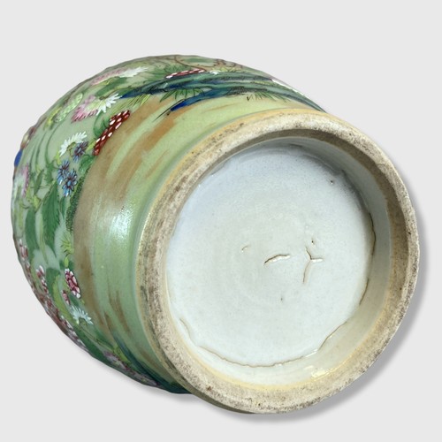 150 - 19th century Chinese porcelain Celadon vase. hand painted over-glaze enamels in famille rose palette... 