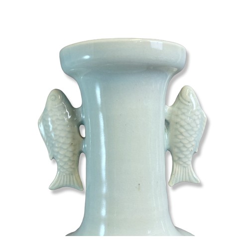 141 - Signed Chinese Longquan Celadon porcelain fish handle vase.. Signed to base.
28.5cm Tall.