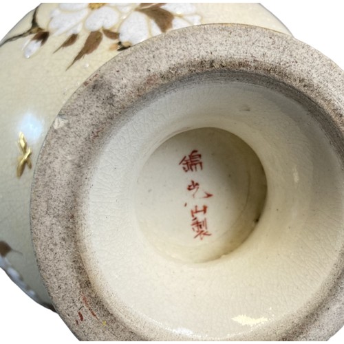 211 - Signed Japanese Satsuma pottery vase.
Slender design with white relief sprays of flowers. Coloured &... 