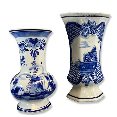 89 - Two Delft pottery vases with a flower brick. Hand-painted landscape scenes.
Larges vase - 26cm tall