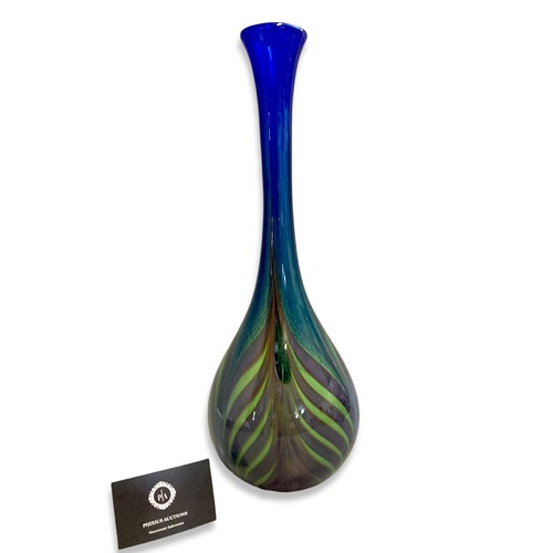 47 - French Signed A. Lane for La Verrerie de Biot studio Glass vase. Long necked with Bulbous peacock fe... 